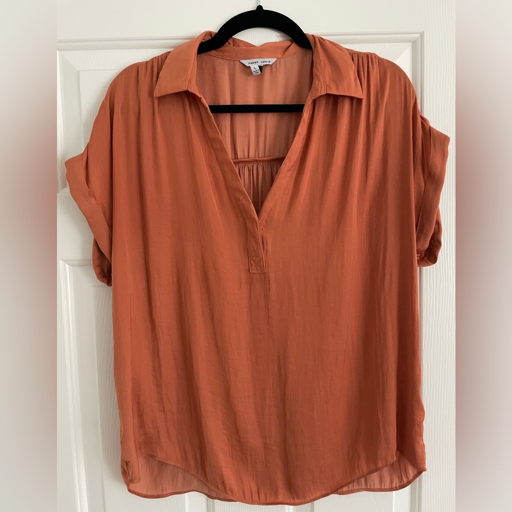 Women’s silk feel blouse. Polyester. Very soft. Rust in color. Size large.